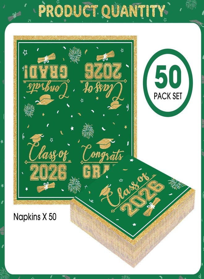 PERFQU 50 Pcs Graduation Napkins Class of 2026 - Green Gold Congrats Grad Napkins Set, 3-Ply Disposable Graduation Luncheon Dinner Party Paper Napkins for Graduations Party Supplies Table Decoration - Image 3